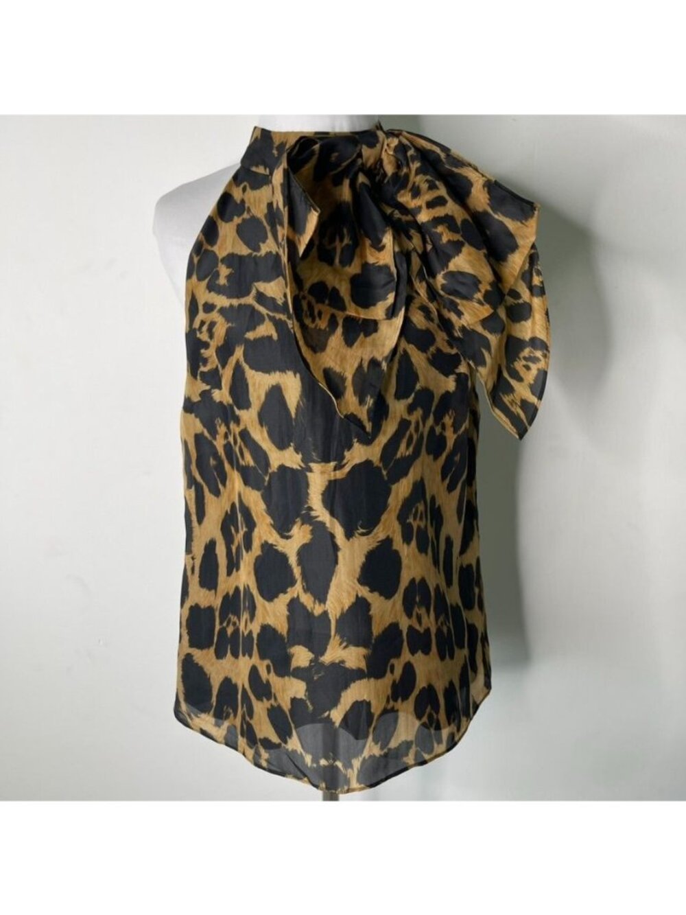 MILLY Silk Leopard Print Bow Neck Halter Top Blouse Sleeveless Tan Brown Size 4